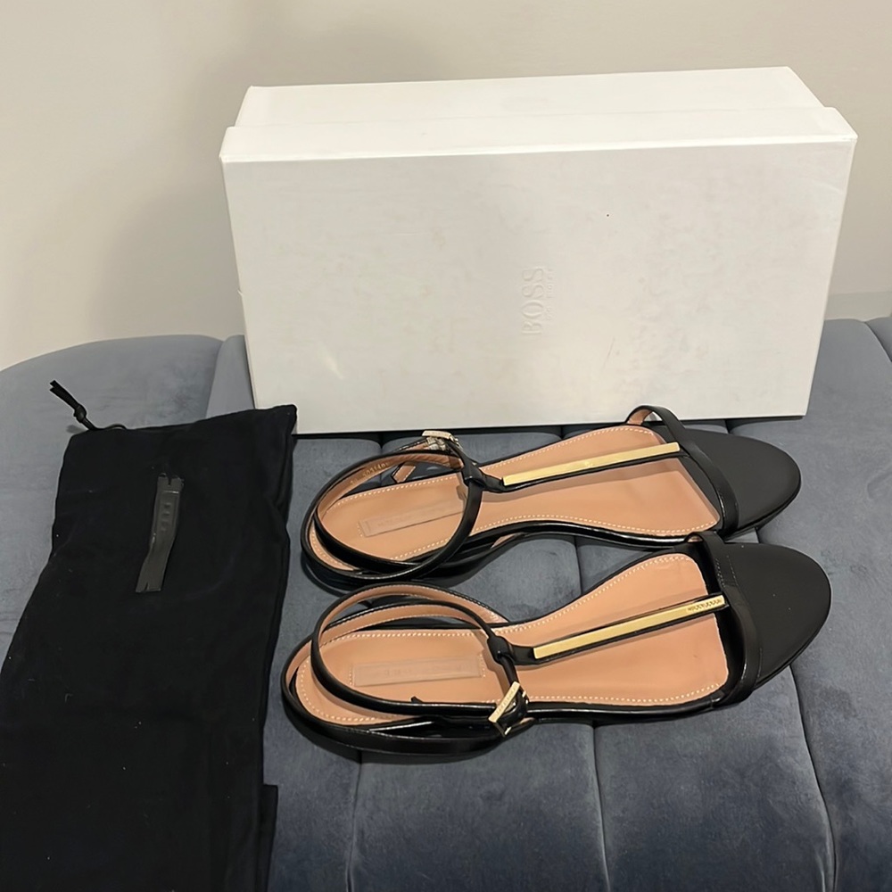 Hugo Boss Black Patent Leather T-Strap Sandals with Gold Accent